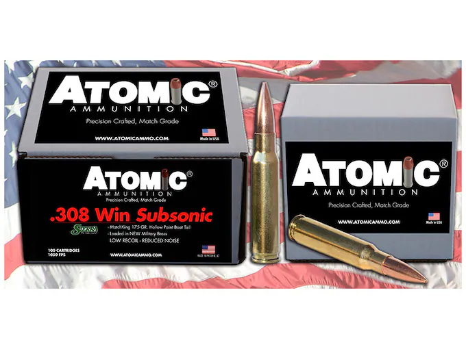 In Stock: Atomic Ammunition Match Subsonic 308 Winchester Ammo 175 Grain Sierra MatchKing Jacketed Hollow Point Box of 100