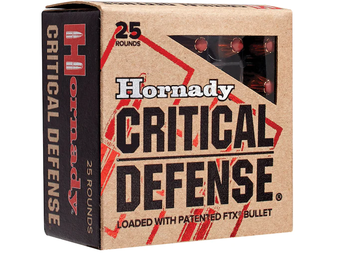 In Stock: Hornady Critical Defense 9mm Luger Ammo 115 Grain Hornady FTX Polymer Tip Box of 200 rounds